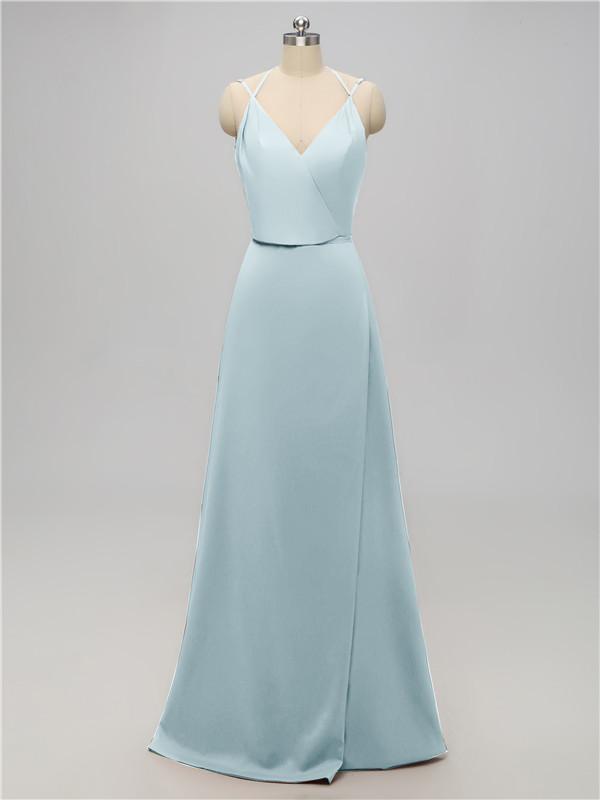 V Neck Satin Floor Length Bridesmaid Dresses