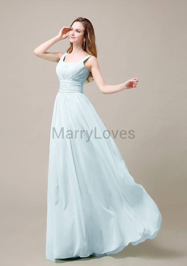 Square Neck Pleats Floor Length Bridesmaid Dresses