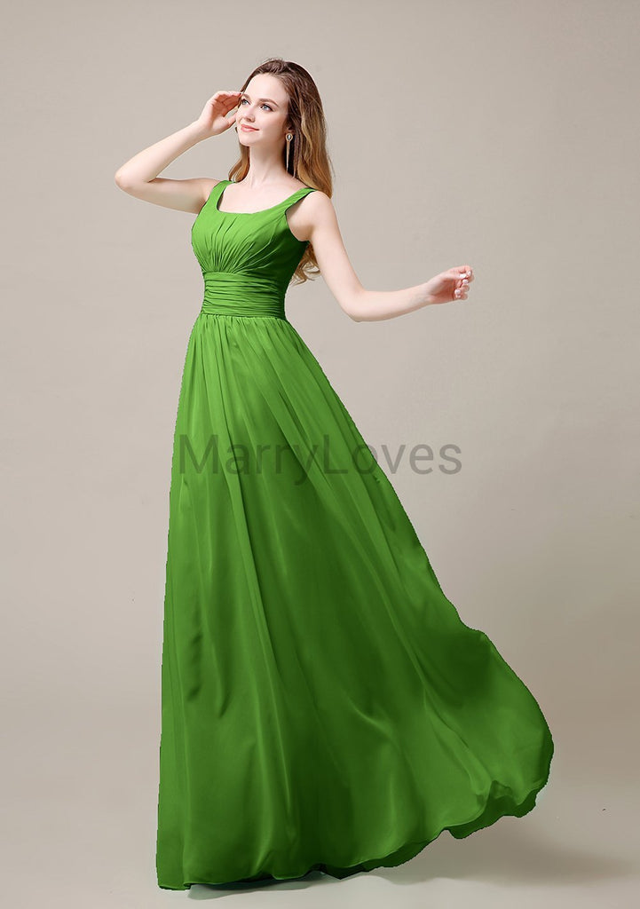 Square Neck Pleats Floor Length Bridesmaid Dresses