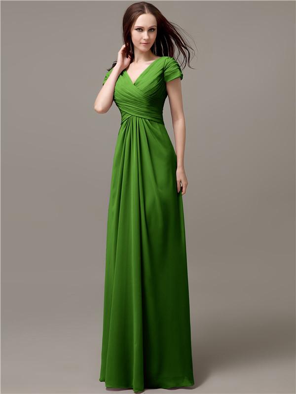 A-line V-neck Short Sleeves Pleats Bridesmaid Dresses