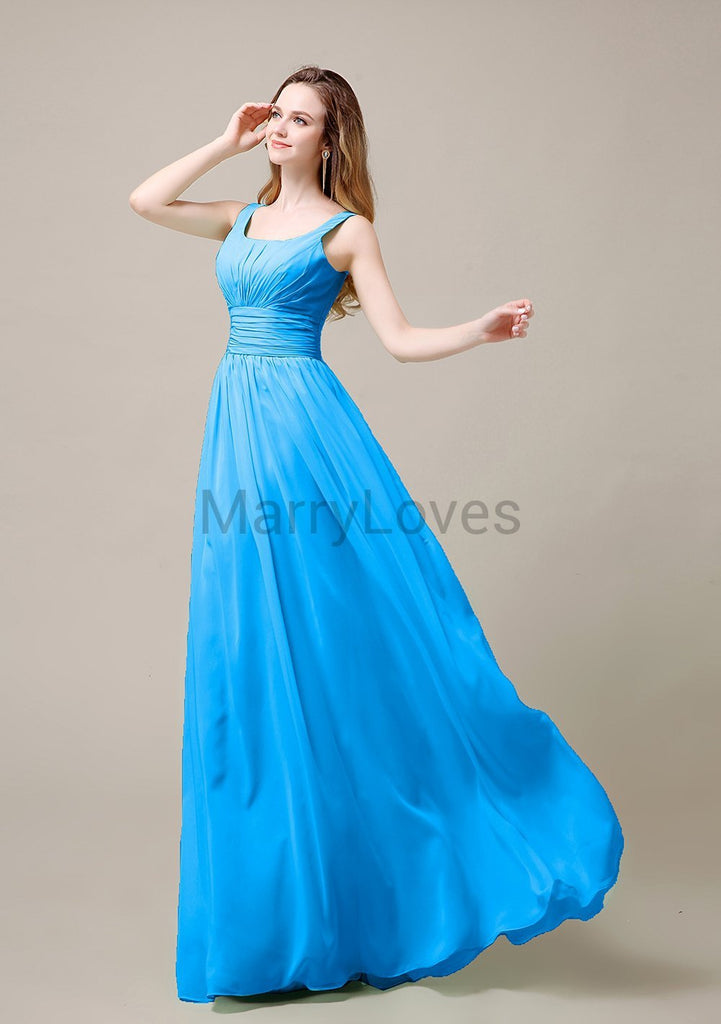 Square Neck Pleats Floor Length Bridesmaid Dresses