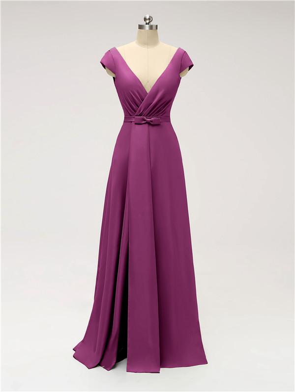 V Neck Cap Sleeve Side Slit Floor Length Bridesmaid Dresses