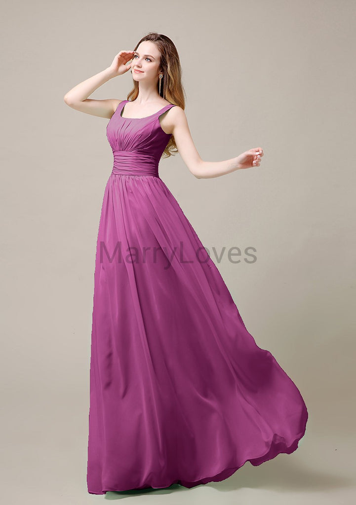 Square Neck Pleats Floor Length Bridesmaid Dresses