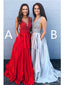 A-line Deep V Neck Beading Backless Long Prom Dress With Pockets, PD001