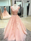 A-line V-neck Appliques Cap Sleeves Long Prom Dresses, PD0159