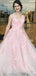 Round Neck V-neck Pink Appliques Open-Back Long tulle Prom Dresses, PD0539