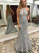 Mermaid Halter Grey Lace Backless Long Prom Dresses, PD0547