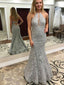 Mermaid Halter Grey Lace Backless Long Prom Dresses, PD0547