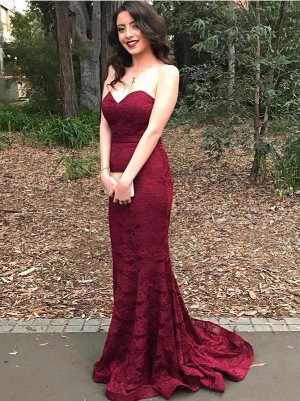 Sweetheart Mermaid Burgundy Lace Prom Dress With Train, PD0548