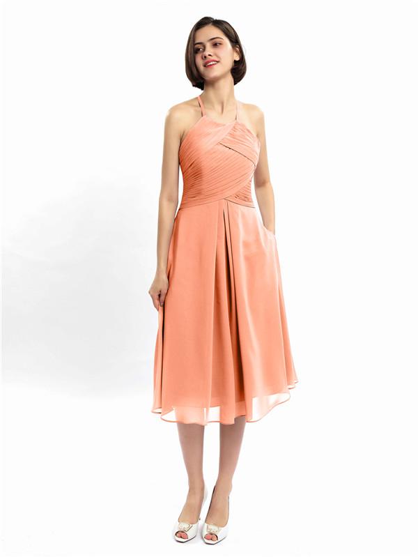 Halter Sleeveless Pleats Bridesmaid Dresses