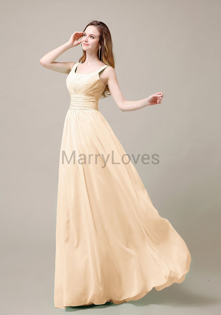 Square Neck Pleats Floor Length Bridesmaid Dresses