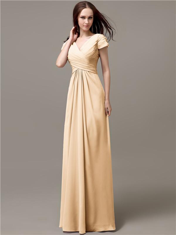 A-line V-neck Short Sleeves Pleats Bridesmaid Dresses