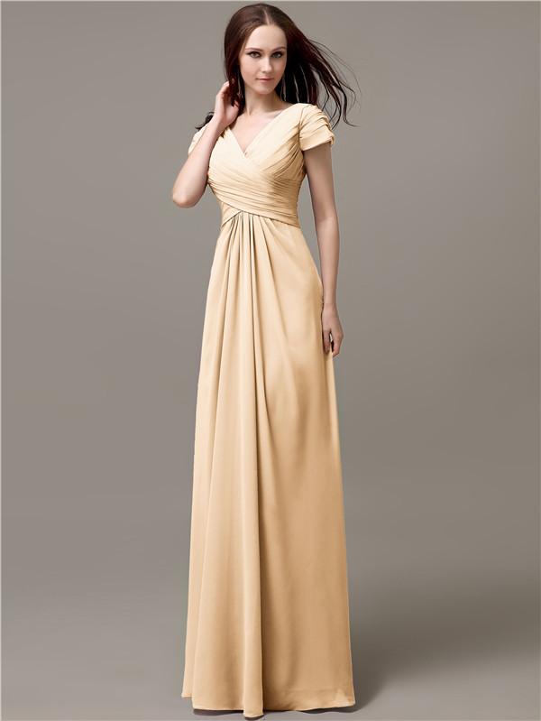 A-line V-neck Short Sleeves Pleats Bridesmaid Dresses