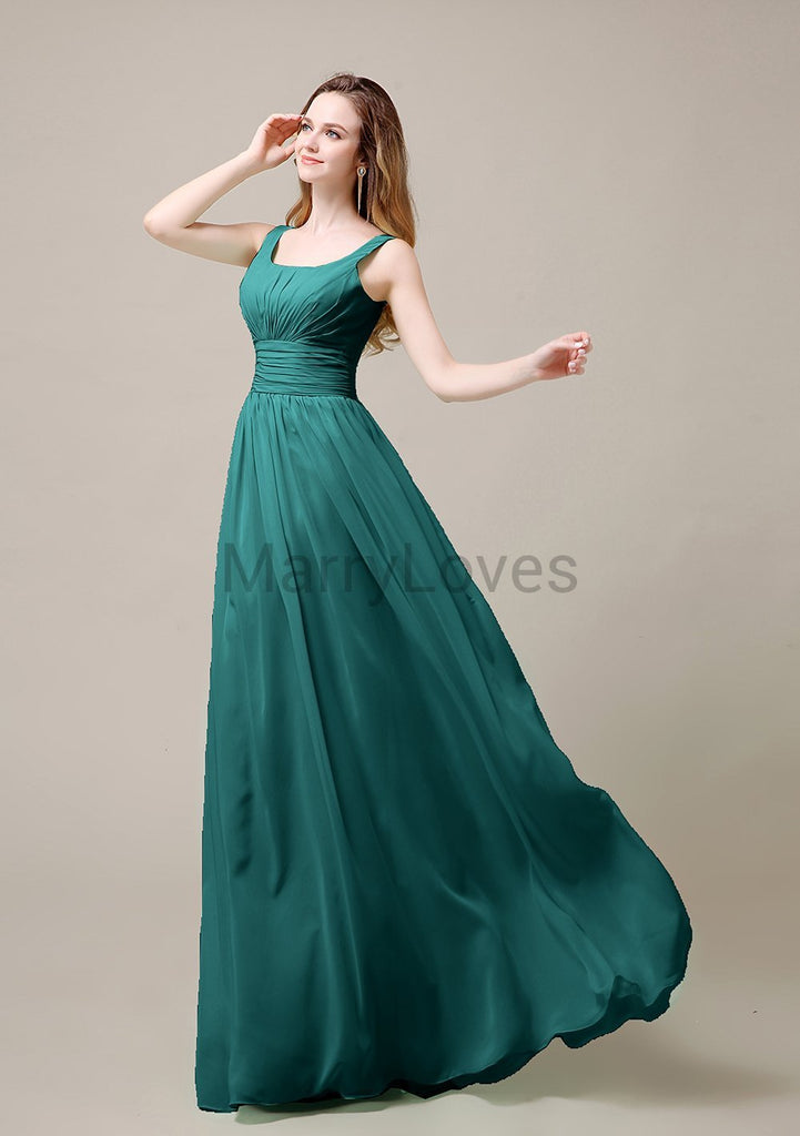 Square Neck Pleats Floor Length Bridesmaid Dresses