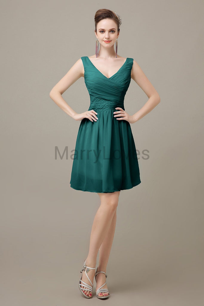 V-neck Chiffon Short Pleats Bridesmaid Dresses