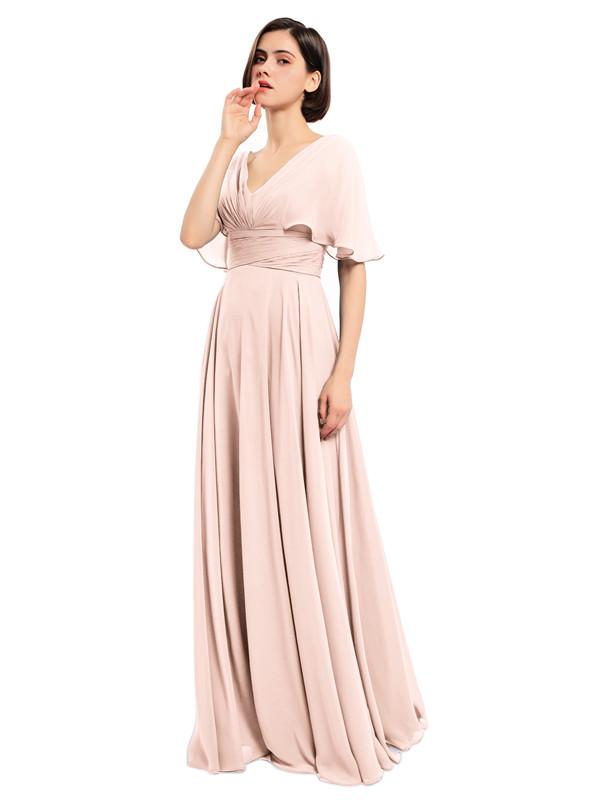 V-neck Short Sleeves Chiffon Bridesmaid Dresses