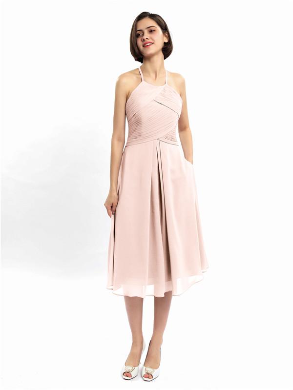 Halter Sleeveless Pleats Bridesmaid Dresses