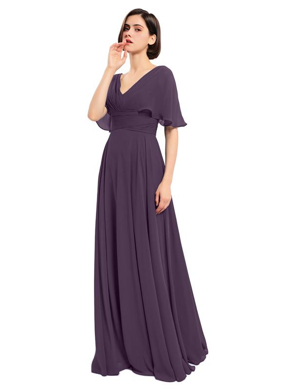 V-neck Short Sleeves Chiffon Bridesmaid Dresses