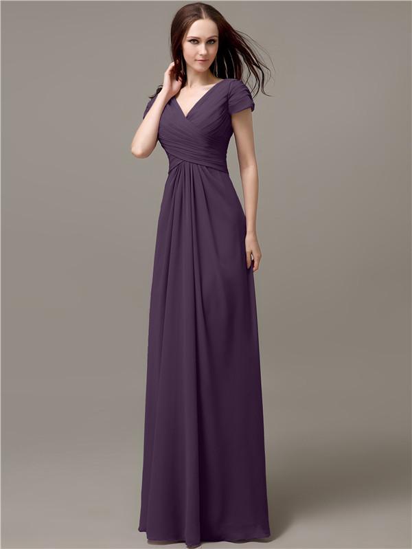 A-line V-neck Short Sleeves Pleats Bridesmaid Dresses