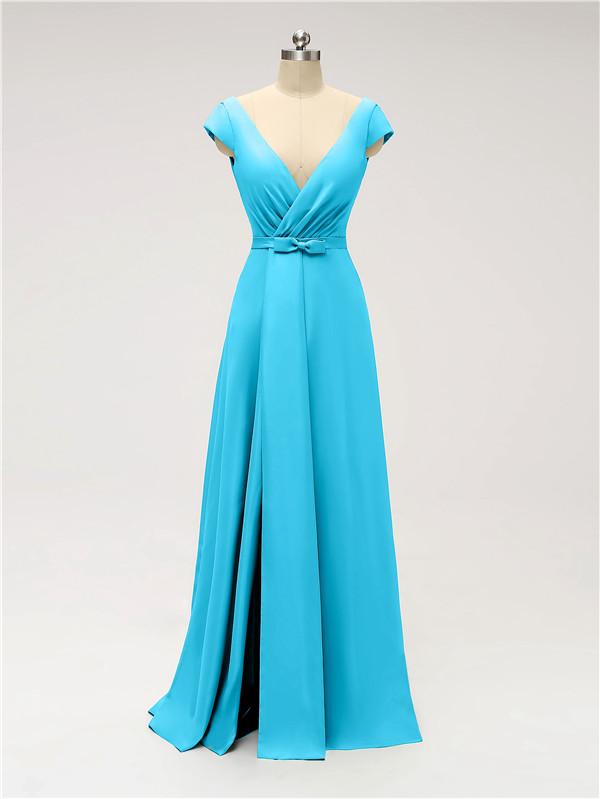 V Neck Cap Sleeve Side Slit Floor Length Bridesmaid Dresses