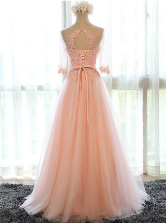 Applique Peach Half Sleeves Elegant Tulle Long Prom Dresses, BG51484 - Bubble Gown