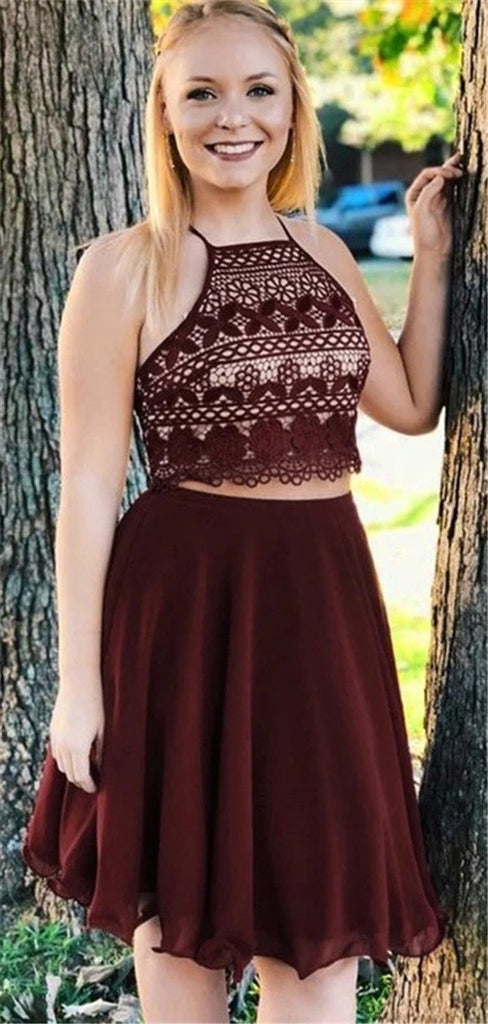 Halter Two-pieces Sleeveless Burgundy Chiffon Lace Homecoming Dresses, HD0536