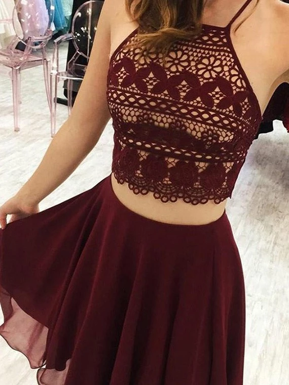 Halter Two-pieces Sleeveless Burgundy Chiffon Lace Homecoming Dresses, HD0536