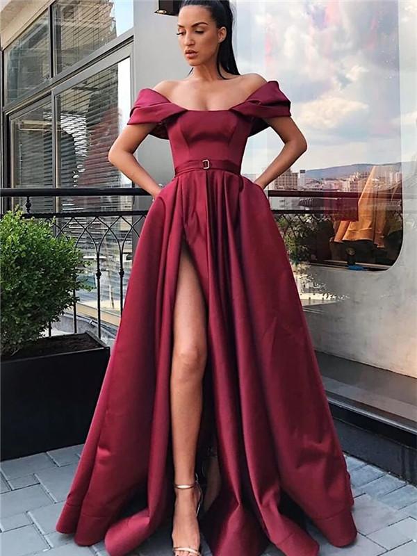 A-line Off-shoulder High Split Long Satin Prom Dresses With Pocket, PD0558