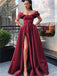 A-line Off-shoulder High Split Long Satin Prom Dresses With Pocket, PD0558