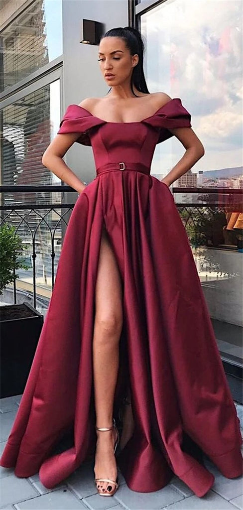 A-line Off-shoulder High Split Long Satin Prom Dresses With Pocket, PD0558