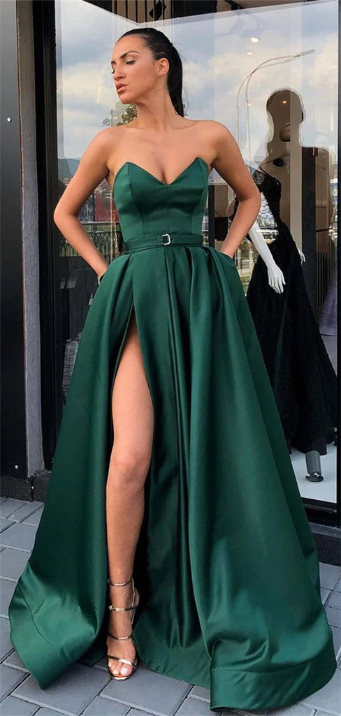 Sweetheart Green High Split Long Satin Prom Dresses With Pocket, PD0559