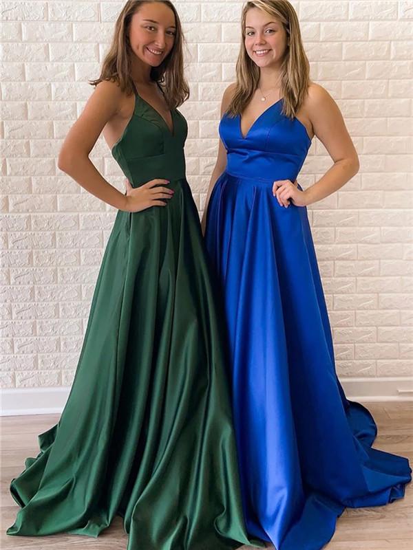 Straps A-line V-neck Simple Lace-up Back Long Satin Prom Dresses, PD0560