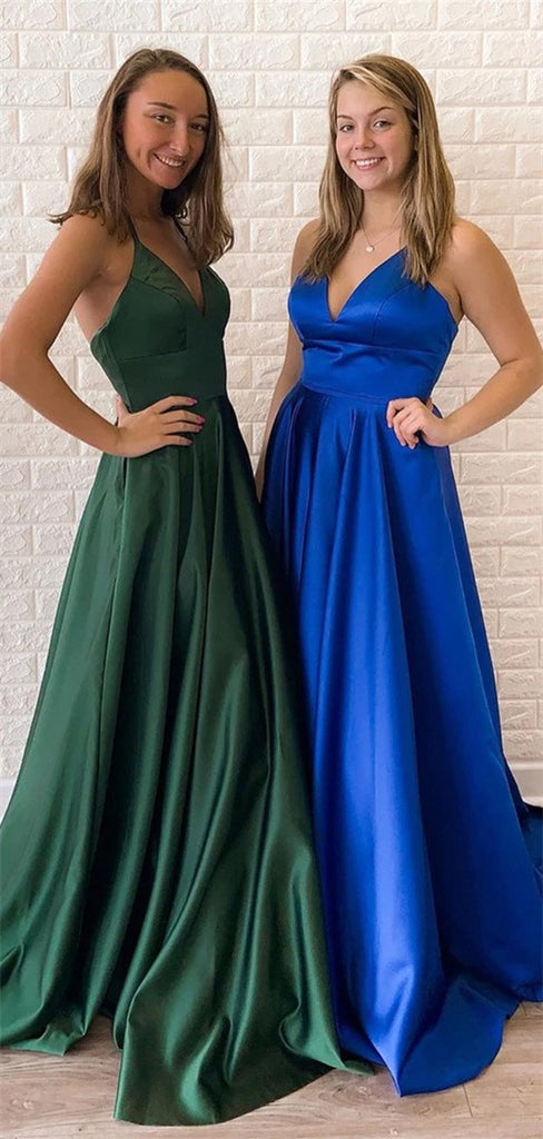 Straps A-line V-neck Simple Lace-up Back Long Satin Prom Dresses, PD0560