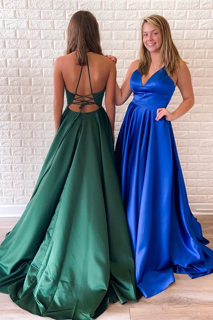 Straps A-line V-neck Simple Lace-up Back Long Satin Prom Dresses, PD0560