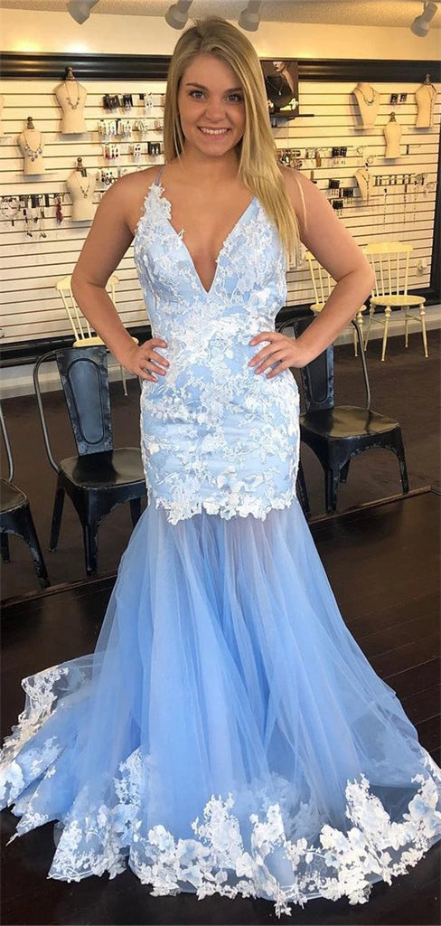 Mermaid Spaghetti Straps Deep V-neck Appliques Long Tulle Prom Dresses, PD0561