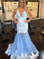 Mermaid Spaghetti Straps Deep V-neck Appliques Long Tulle Prom Dresses, PD0561