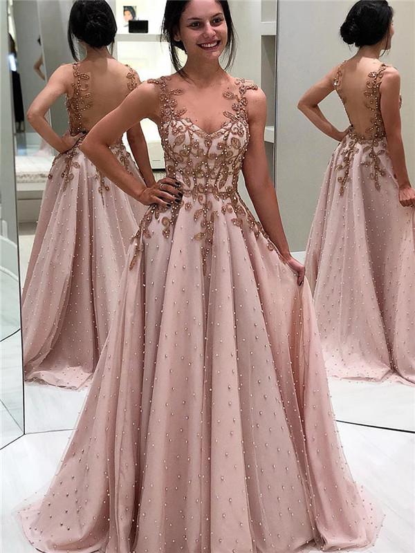 A-line V-neck Beading And Appliques Long Tulle Prom Dresses, PD0563