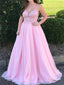 A-line Spaghetti Straps V-neck Appliques Top Pink Long Tulle Prom Dresses, PD0564