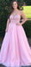 A-line Spaghetti Straps V-neck Appliques Top Pink Long Tulle Prom Dresses, PD0564