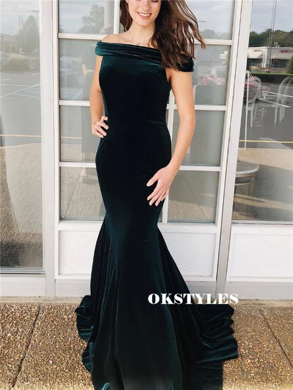 Mermaid Off-shoulder Long Dark Green Velvet Prom Dresses, PD0597