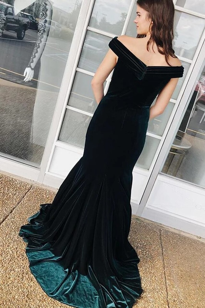 Mermaid Off-shoulder Long Dark Green Velvet Prom Dresses, PD0597