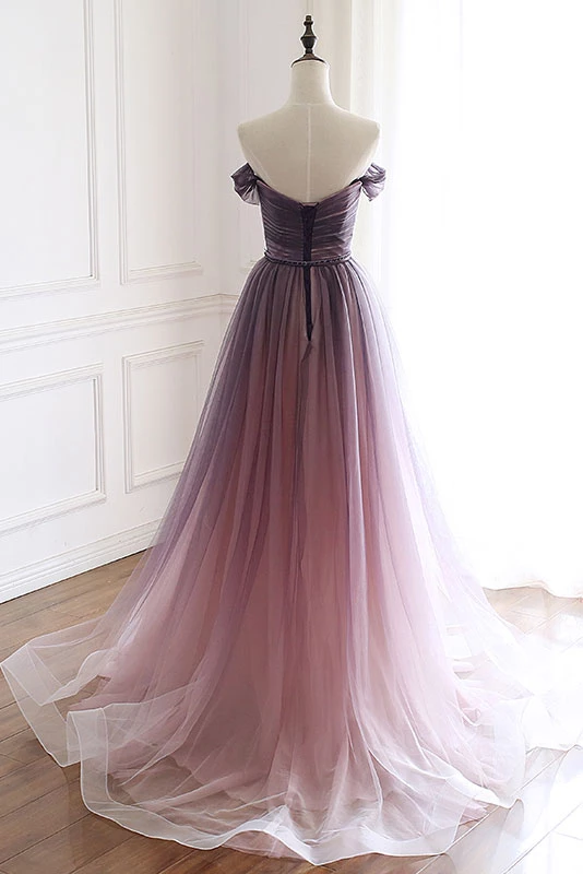 A-line V-neck Off-shoulder Long Organza Prom Dresses With Pleats, PD0616