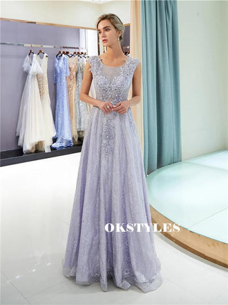 A-line Round Neck Cap-sleeves Appliques Sparkly Prom Dresses, PD0618