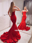 Mermaid Strapless Long Red Simple Prom Dresses With Train, PD0619