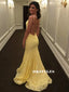 Mermaid Halter Backless Full Yellow Lace Beading Prom Dresses, PD0620