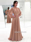 A-line V-neck Long Sleeves Lace Appliques Long Prom Dresses, PD0621