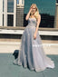 A-line Sapghetti Straps Backless Appliques Long Organza Prom Dresses, PD0622