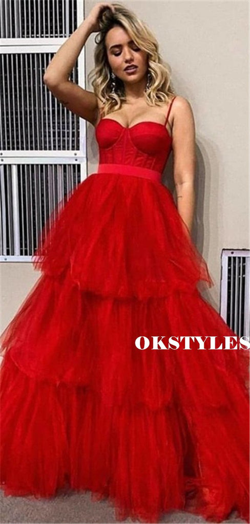 A-line Spaghetti Straps Sweetheart Long Red Tulle Prom Dresses, PD0623