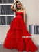 A-line Spaghetti Straps Sweetheart Long Red Tulle Prom Dresses, PD0623