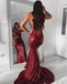 Mermaid Straps Lace Deep V-neck Backless Burgundy Sequins Prom Dresses, PD0631